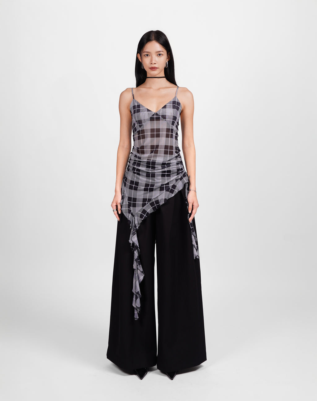 Draped Gingham Ruffle Top