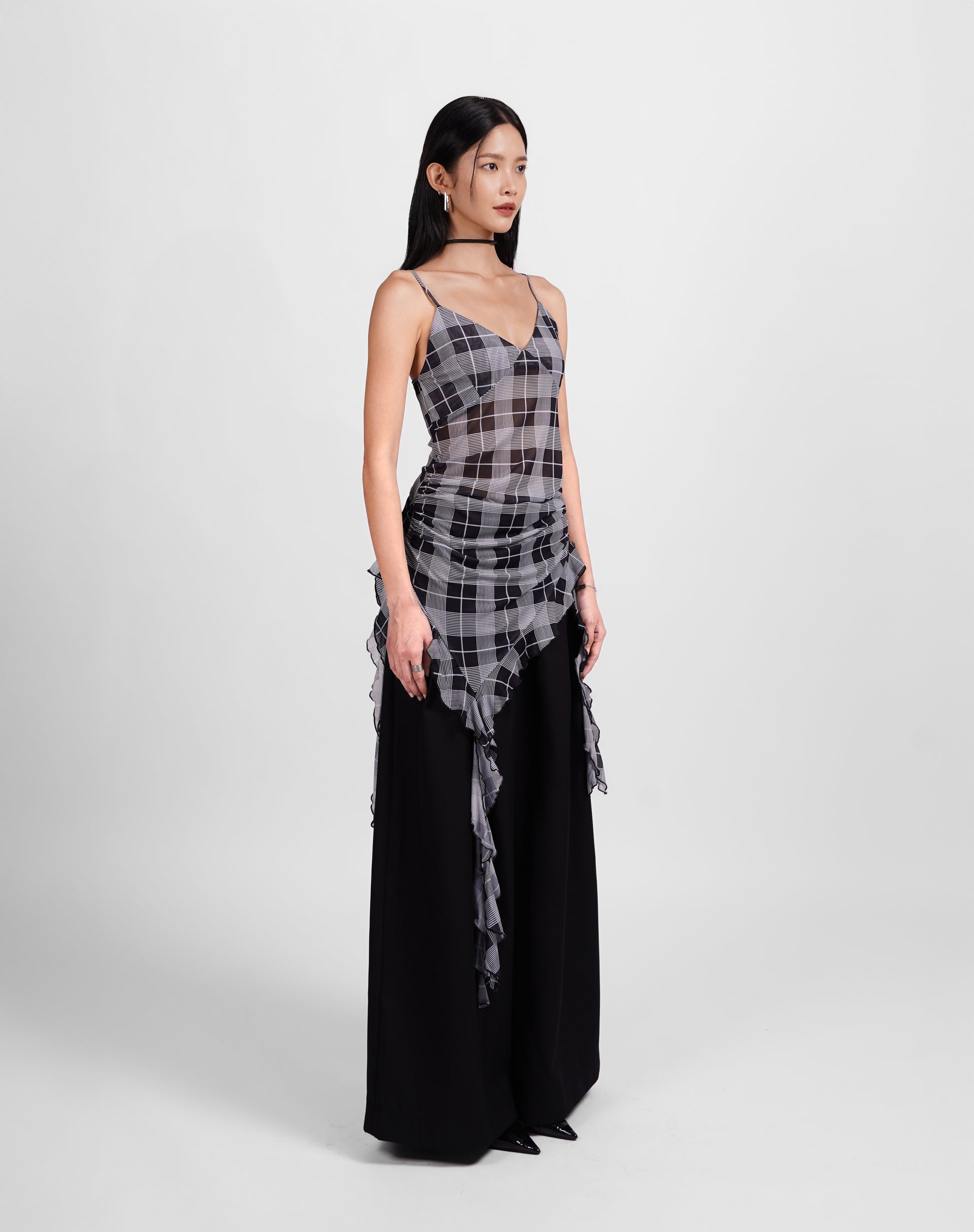 Draped Gingham Ruffle Top