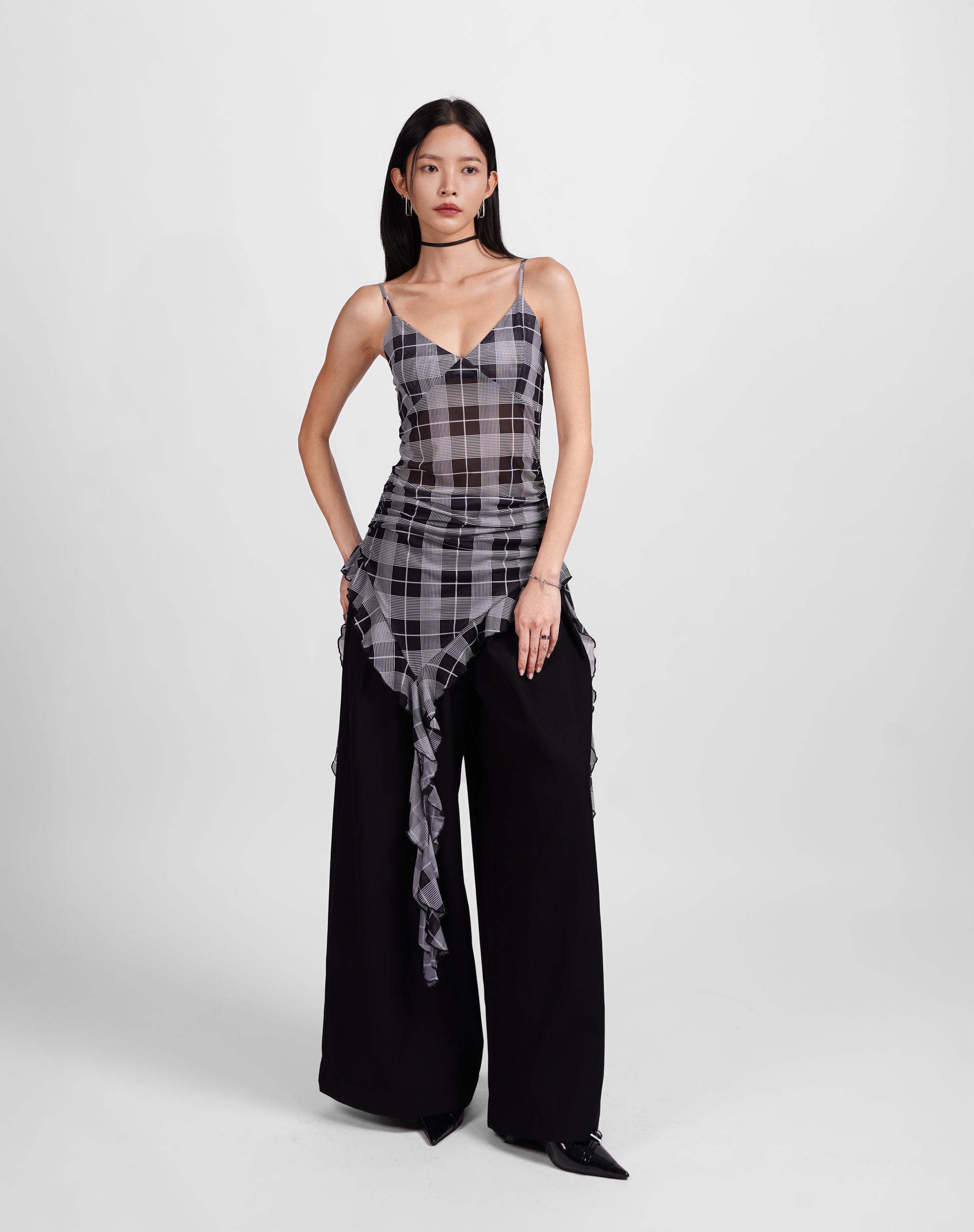 Draped Gingham Ruffle Top