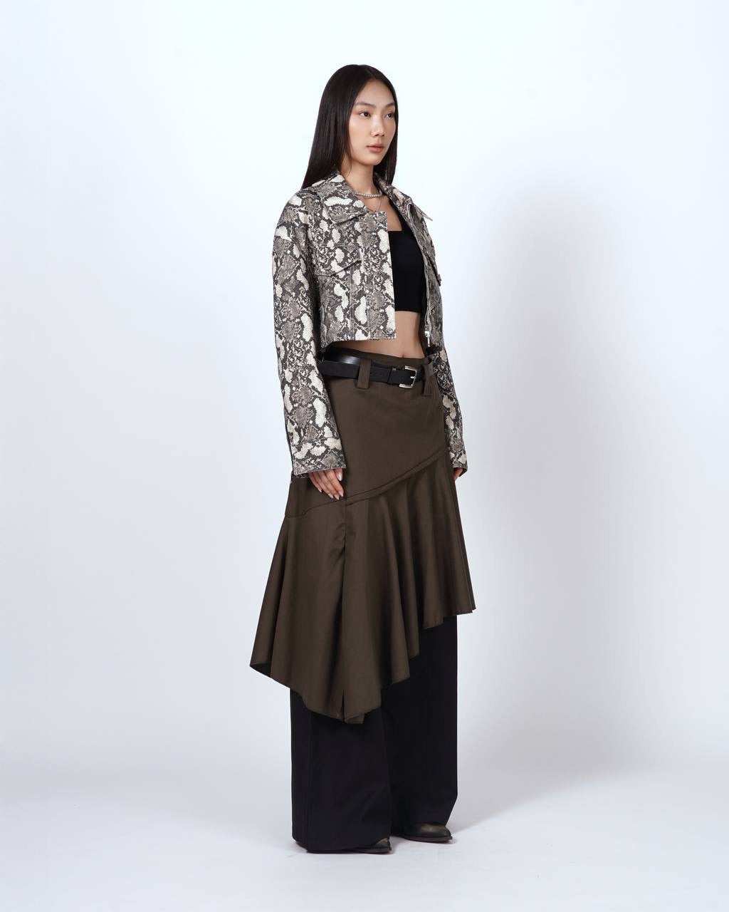 Asymmetric Pleated Skirt with Belt