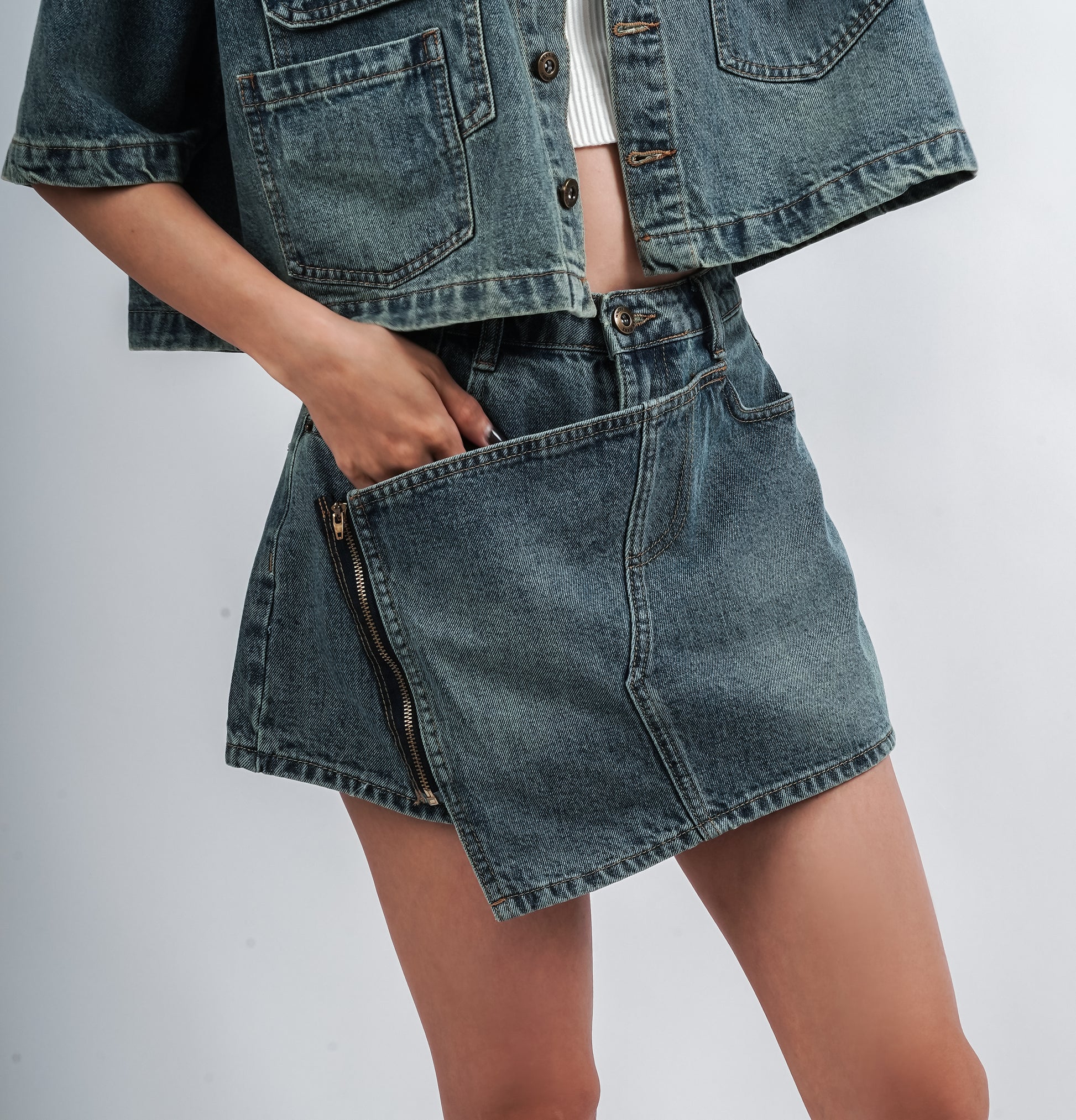 Denim Jacket With Denim Skirt Set